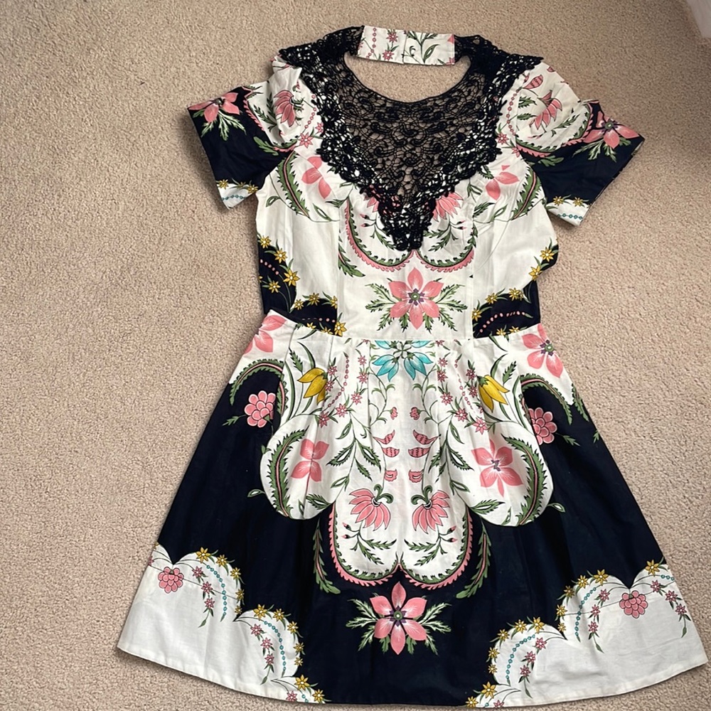 FARM Rio Black, White & Pink Floral Mini Dress with Lace Yoke